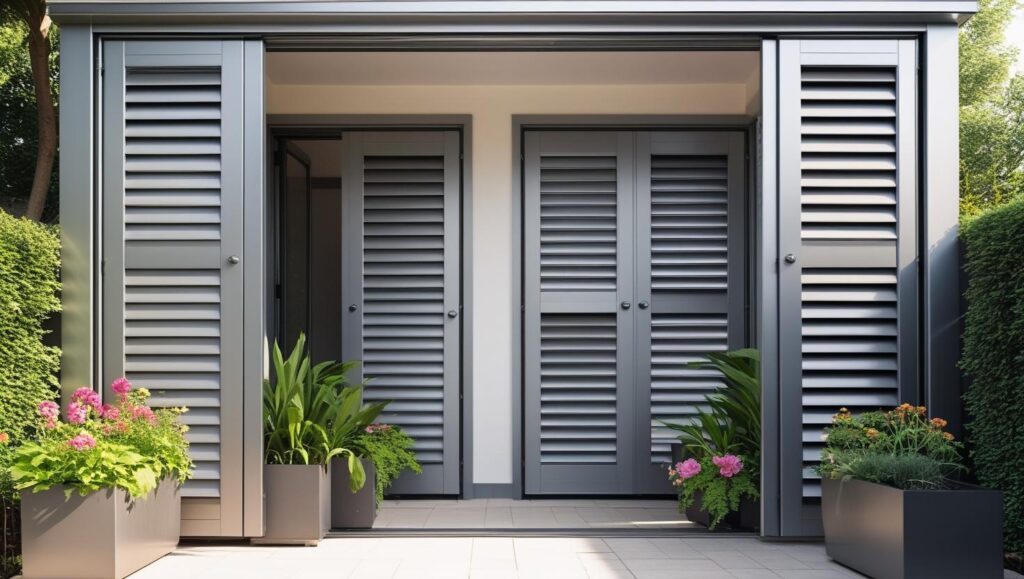 Outdoor aluminium shutters enclosing a patio