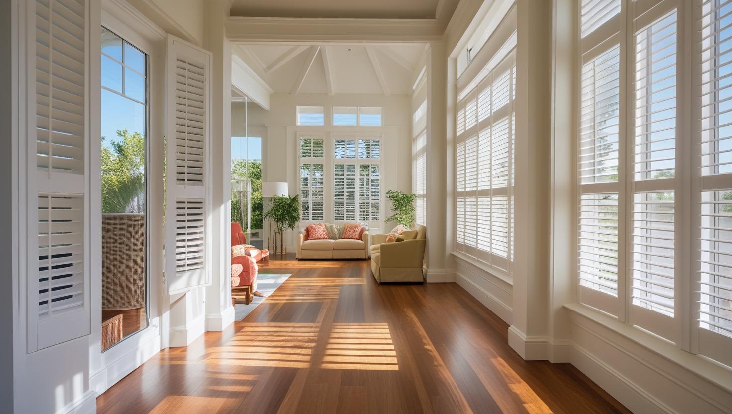 Plantation shutters in light filled lounges